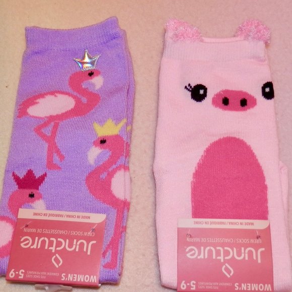 TWO PAIR OF CREW SOCKS * FLAMINGO AND A PIG * SHOE SIZE 5-9 * CUTE * - Picture 1 of 2